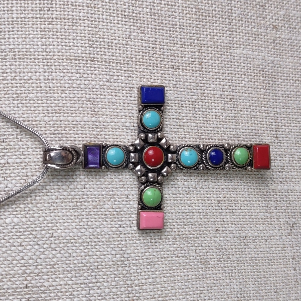 Semi-precious Gemstone/Sterling Silver Cross Necklace